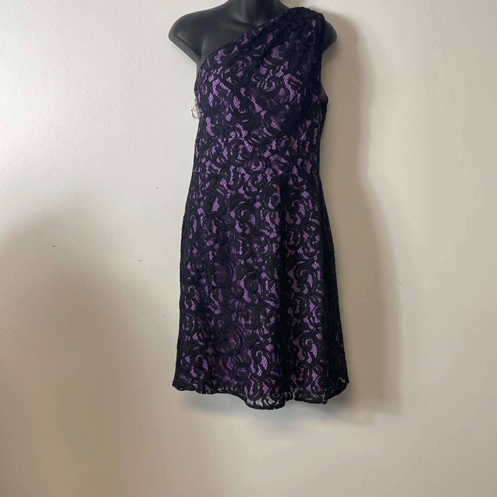 Jasmine Purple Dress Black Lace One Shoulder Midi Size 10